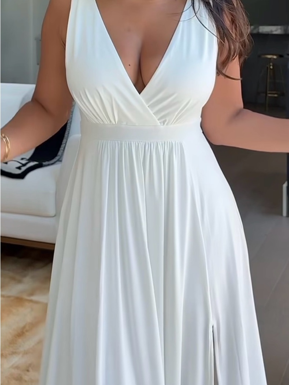 Sleeveless White Surplice Maxi Dress with Waistband
